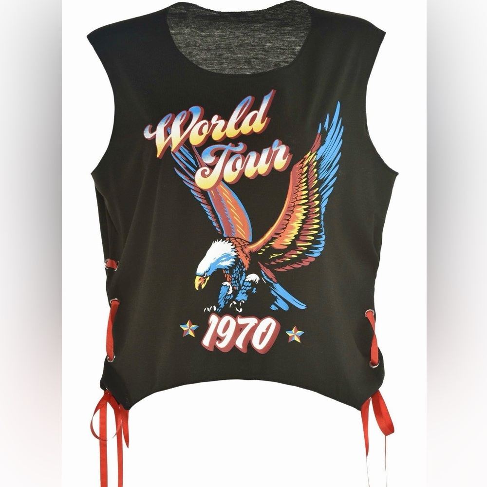 Black Rock World Tour 1970 Graphic Tank Top Sleeveless Lace-Up T-Shirt OS